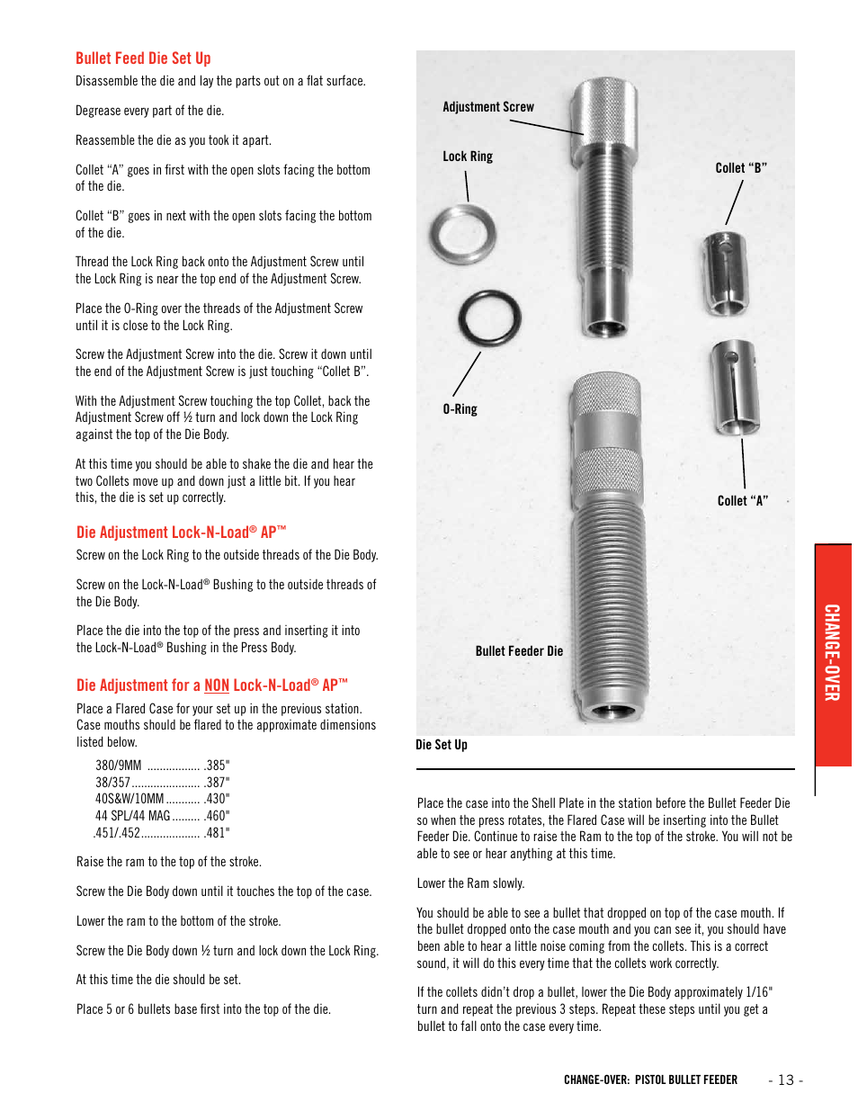 Change-over | Hornady Lock-N-Load Pistol Bullet Feeder User Manual | Page 13 / 16