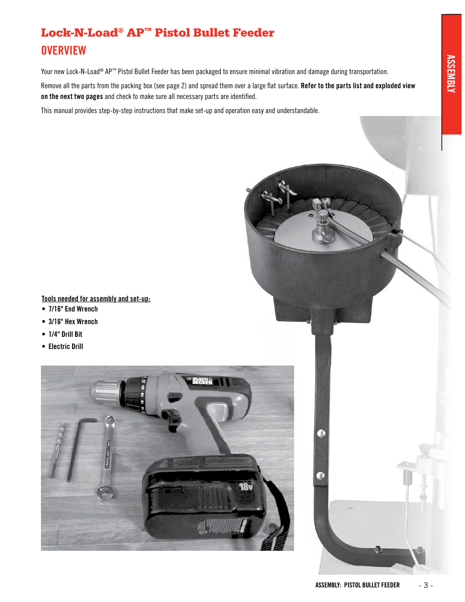 Lock-n-load, Pistol bullet feeder overview, Assembl y | Hornady Lock-N-Load Pistol Bullet Feeder User Manual | Page 3 / 16