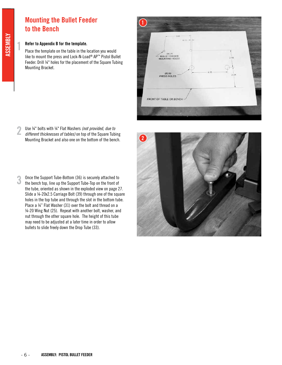 Mounting the bullet feeder to the bench | Hornady Lock-N-Load Pistol Bullet Feeder User Manual | Page 6 / 16