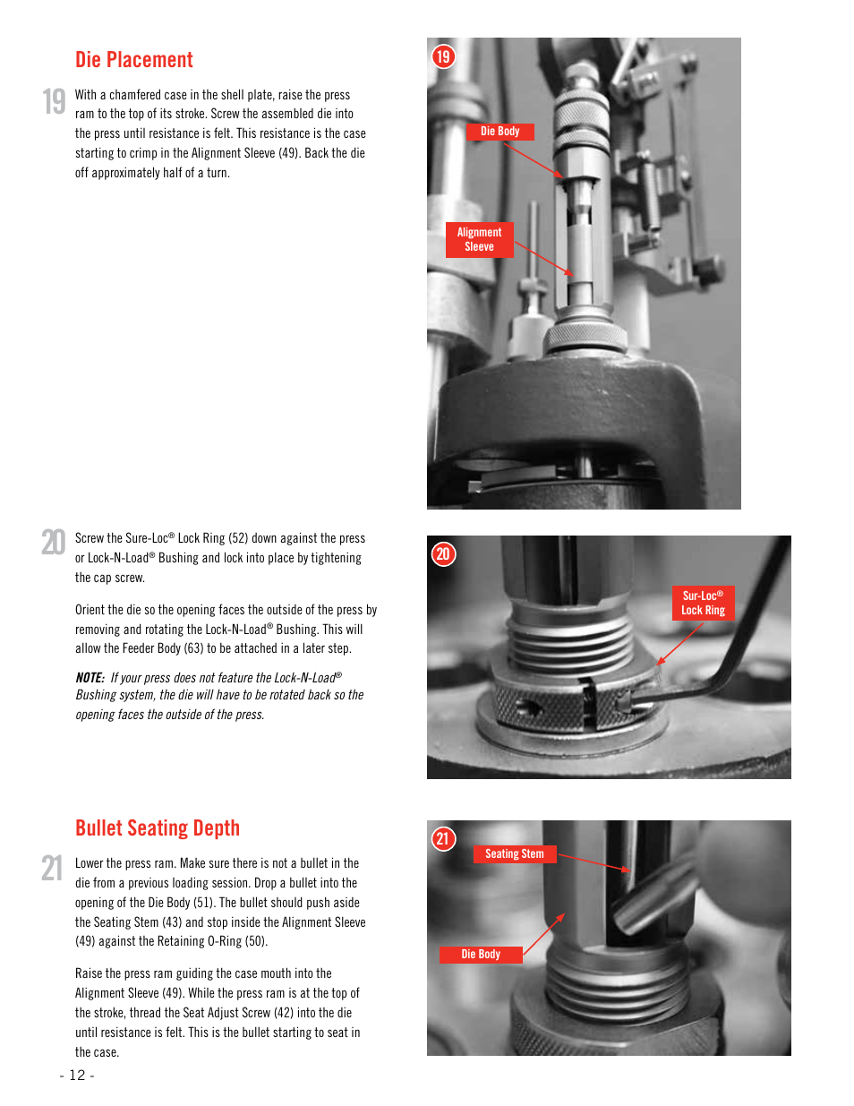 Die placement, Bullet seating depth | Hornady Lock-N-Load Rifle Bullet Feeder User Manual | Page 12 / 20