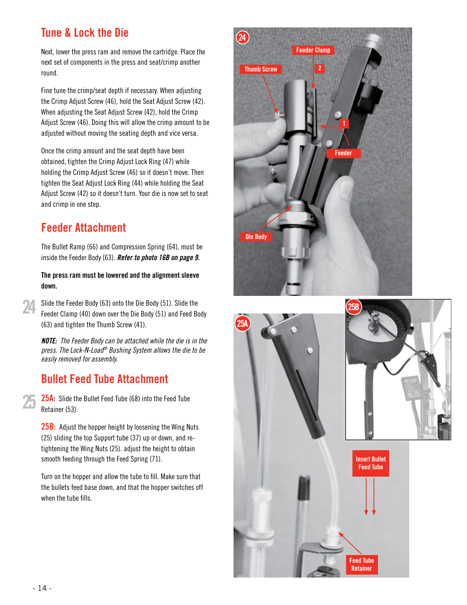 Tune & lock the die, Feeder attachment, Bullet feed tube attachment | Hornady Lock-N-Load Rifle Bullet Feeder User Manual | Page 14 / 20