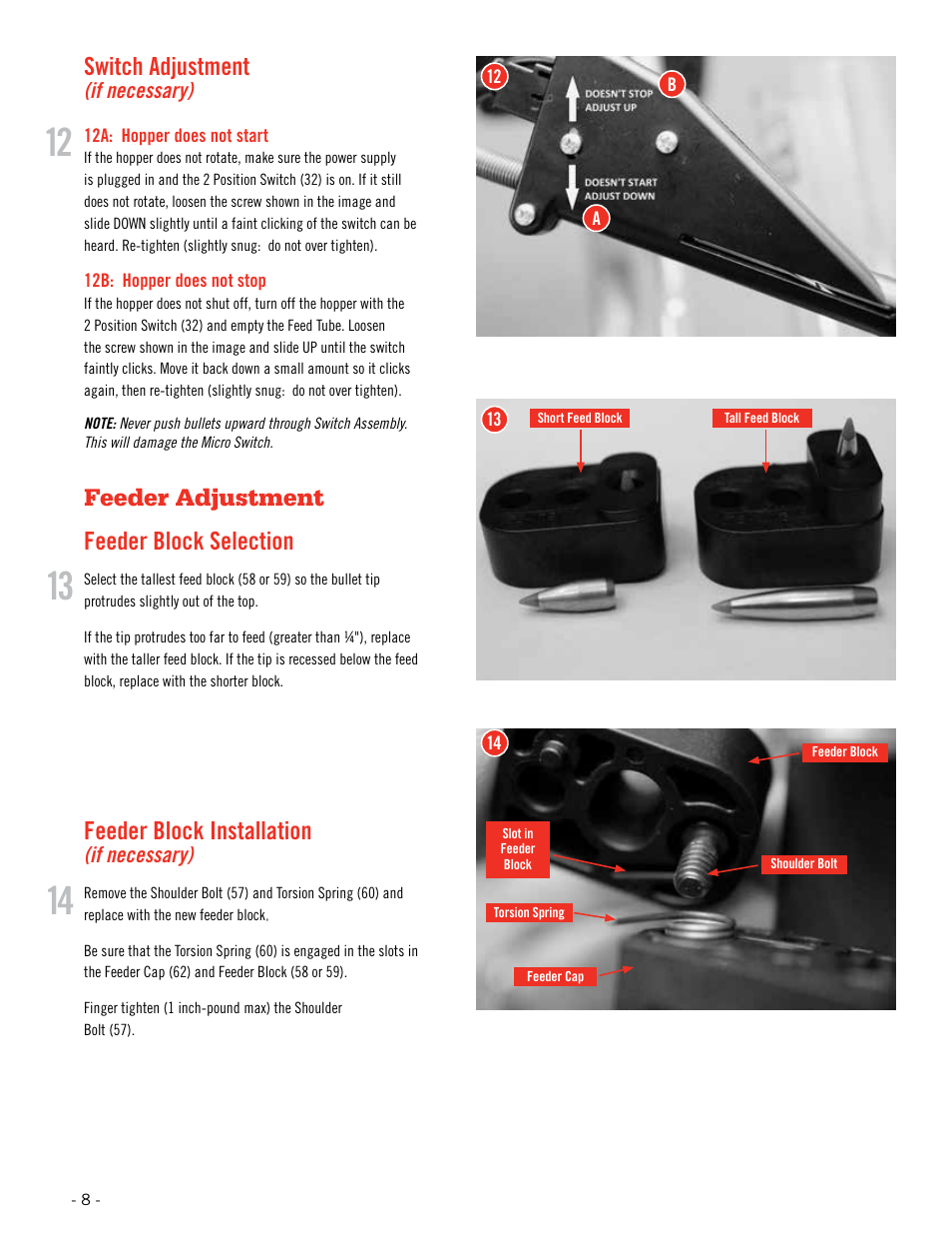 Switch adjustment, Feeder adjustment feeder block selection, Feeder block installation | Hornady Lock-N-Load Rifle Bullet Feeder User Manual | Page 8 / 20