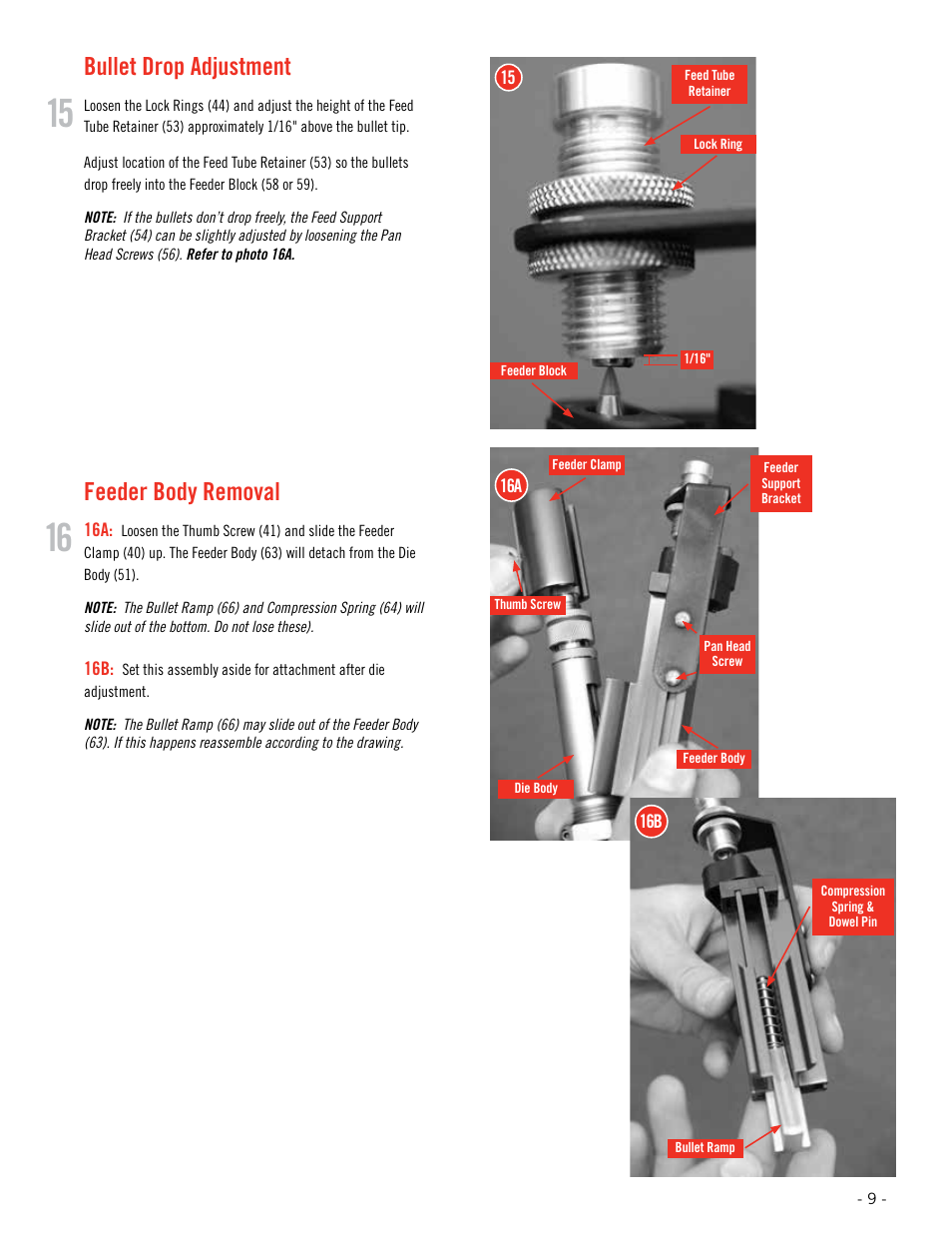 Bullet drop adjustment, Feeder body removal | Hornady Lock-N-Load Rifle Bullet Feeder User Manual | Page 9 / 20