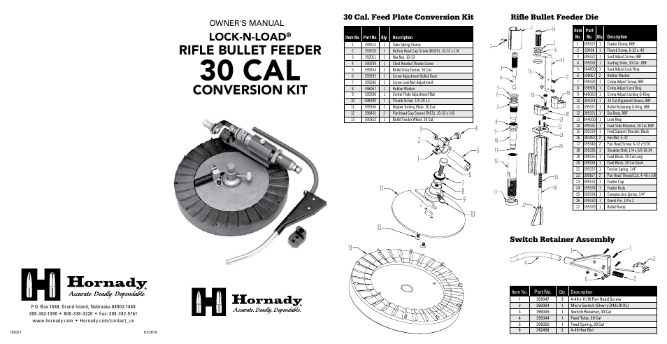 30 cal, Rifle bullet feeder, Conversion kit | Lock-n-load, Owner's manual, 30 cal. feed plate conversion kit, Rifle bullet feeder die switch retainer assembly | Hornady Lock-N-Load Rifle Bullet Feeder - 30 Cal. Conversion Kit User Manual | Page 2 / 4