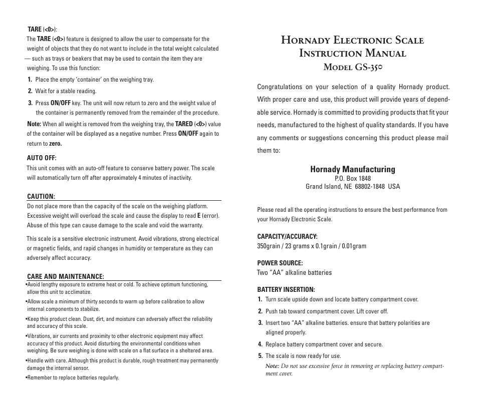 Hornady GS-350 User Manual | 2 pages