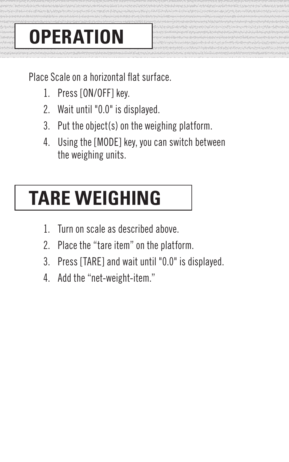 Operation, Tare weighing | Hornady GS-1500 User Manual | Page 3 / 6