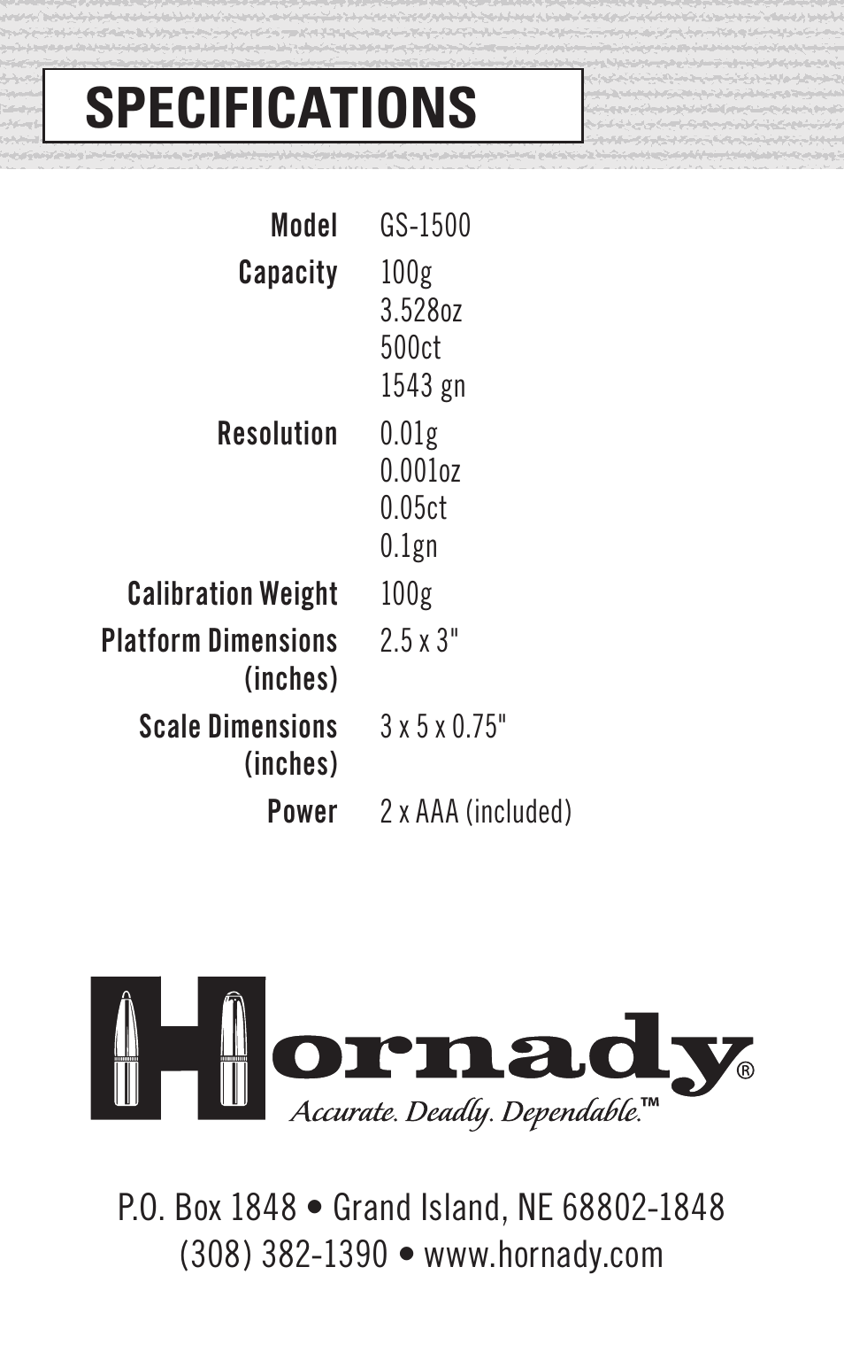 Specifications | Hornady GS-1500 User Manual | Page 6 / 6