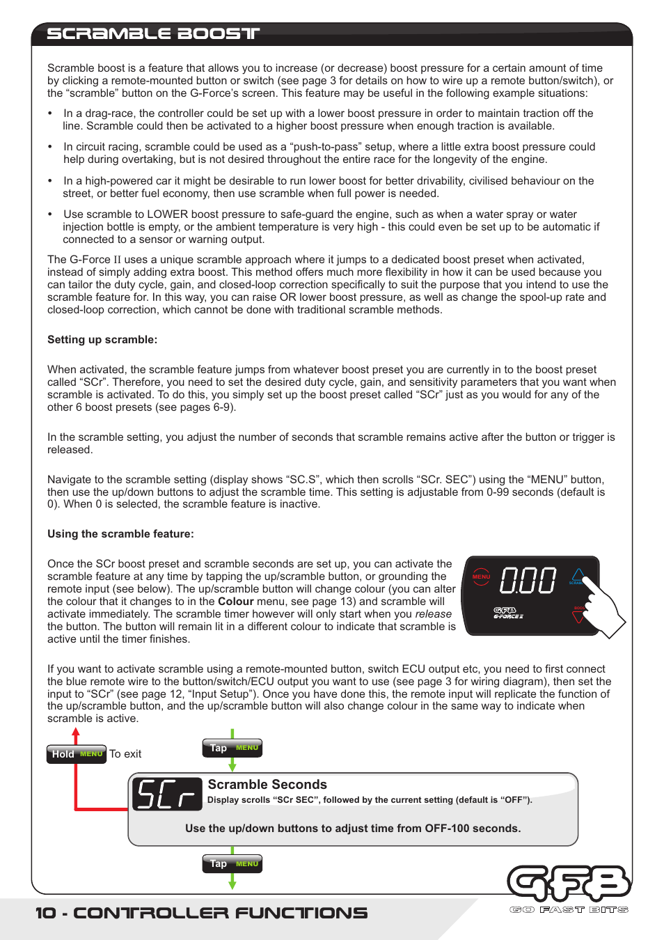 10 - controller functions, Scramble boost, Scramble seconds | GFB G-Force2 User Manual | Page 10 / 16
