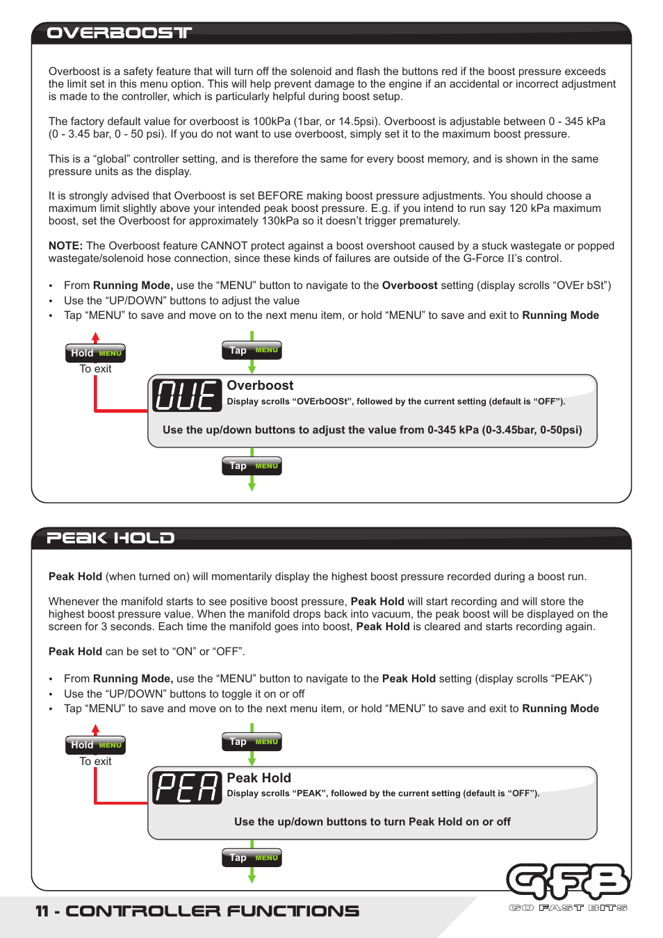 11 - controller functions, Peak hold, Overboost | GFB G-Force2 User Manual | Page 11 / 16