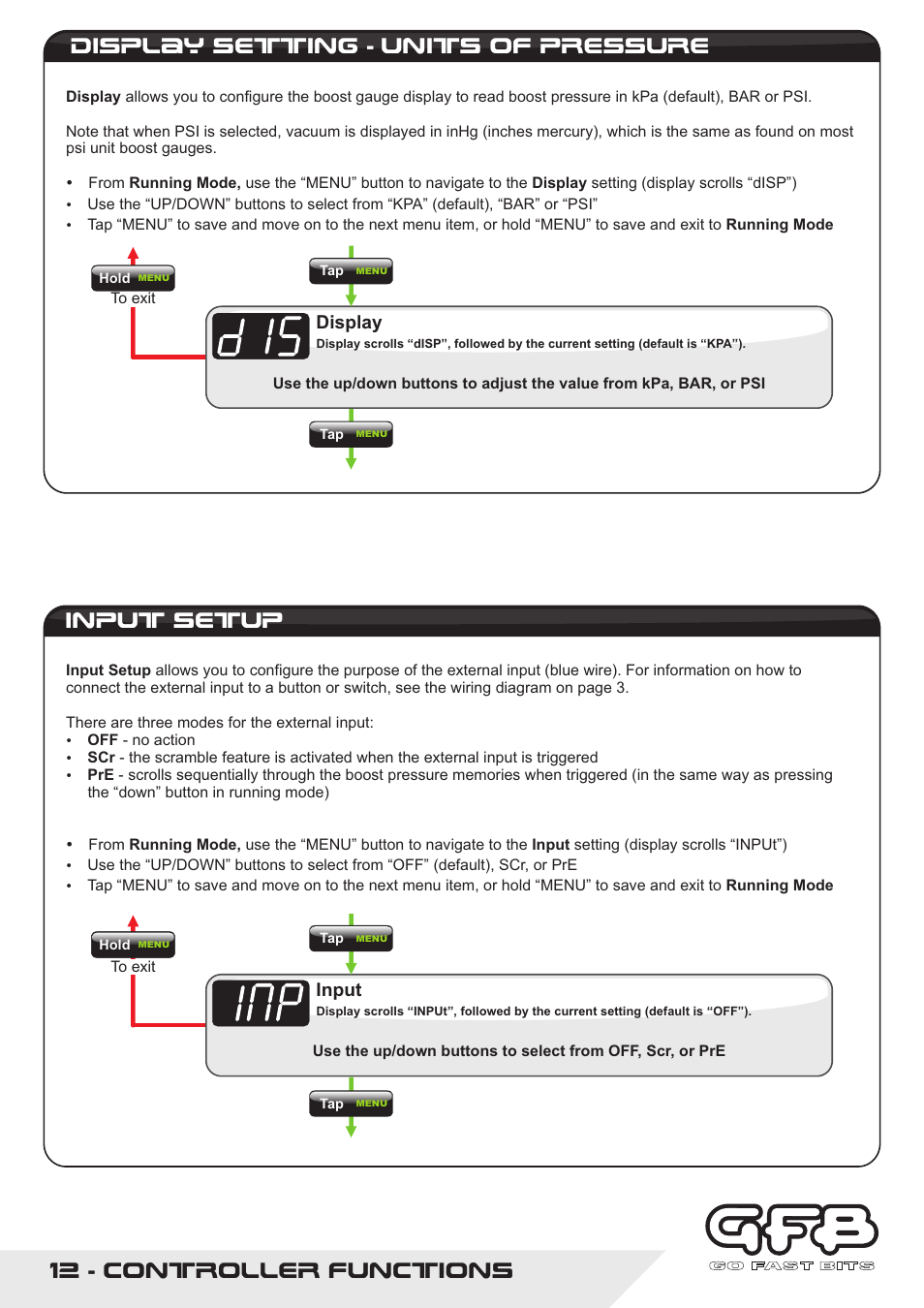 12 - controller functions, Display setting - units of pressure, Input setup | Display, Input | GFB G-Force2 User Manual | Page 12 / 16