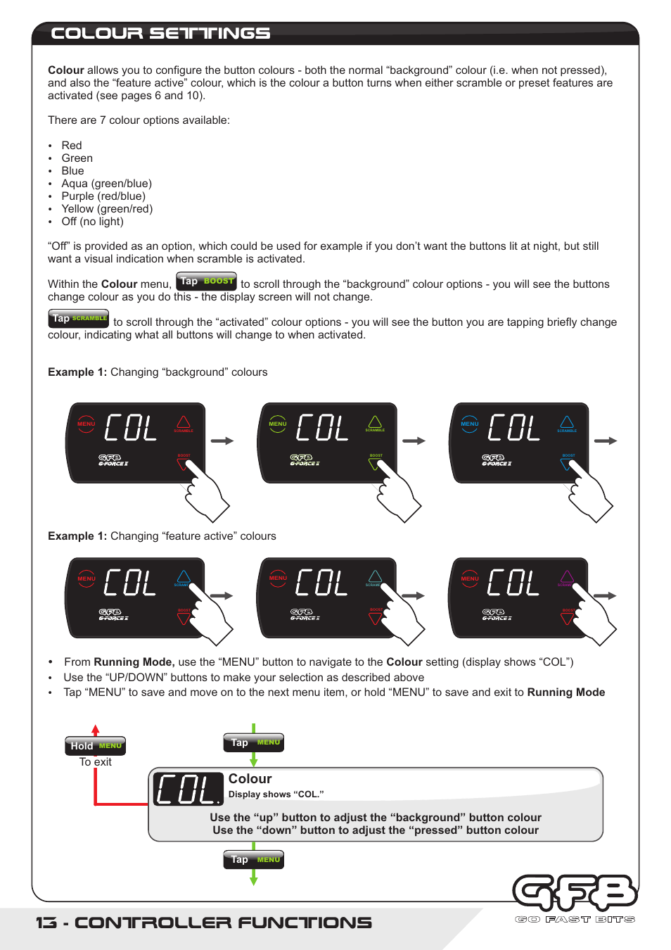 13 - controller functions, Colour settings, Colour | Green, Blue, Aqua (green/blue), Purple (red/blue), Yellow (green/red) | GFB G-Force2 User Manual | Page 13 / 16