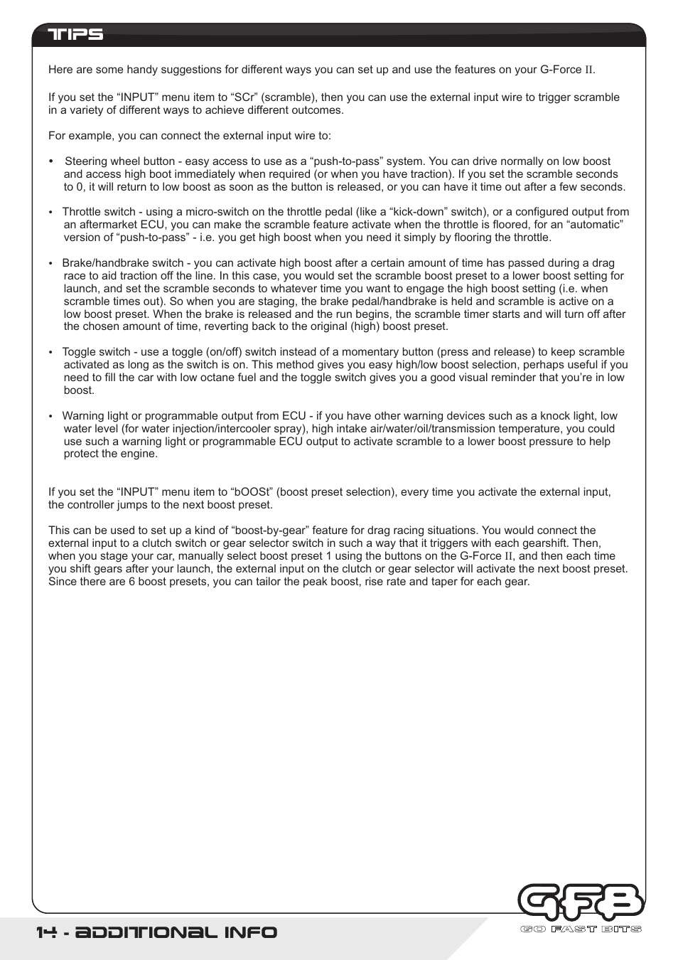Tips 14 - additional info | GFB G-Force2 User Manual | Page 14 / 16