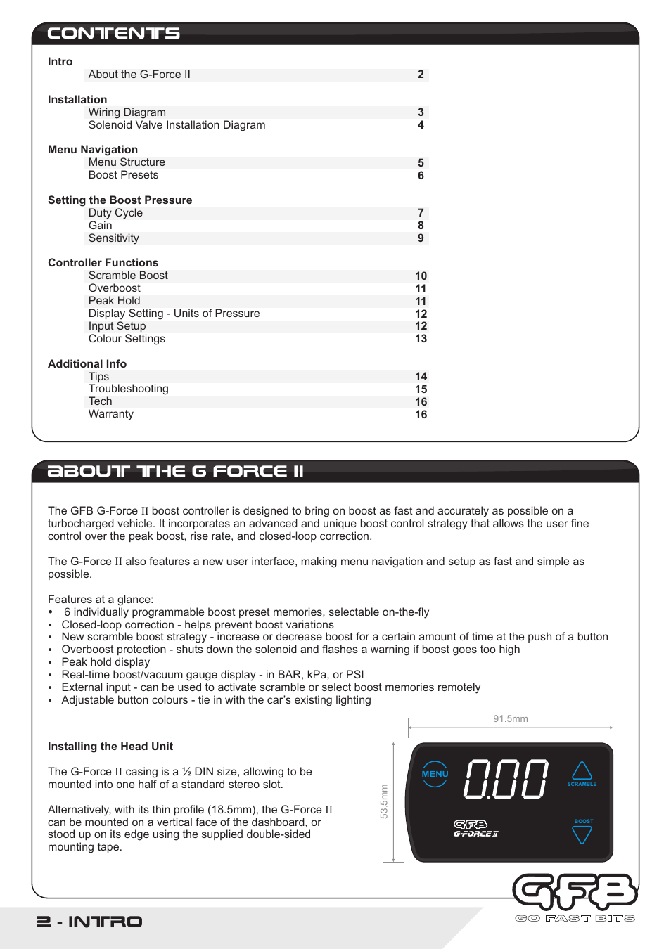 Intro, Contents about the g force ii | GFB G-Force2 User Manual | Page 2 / 16