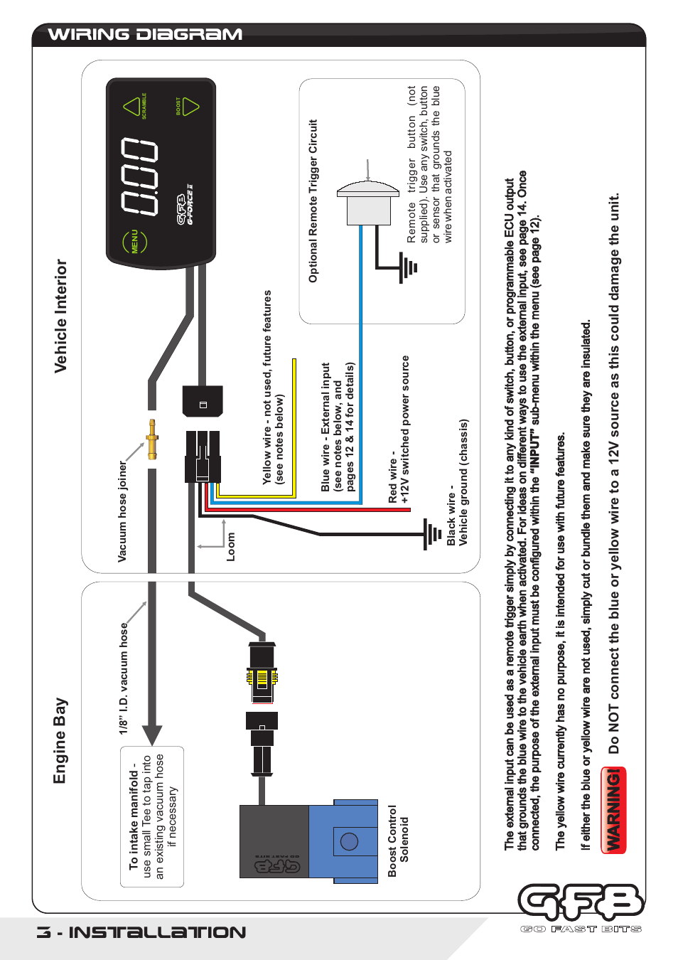 Wa r n in g, 3 - installation wiring diagram | GFB G-Force2 User Manual | Page 3 / 16