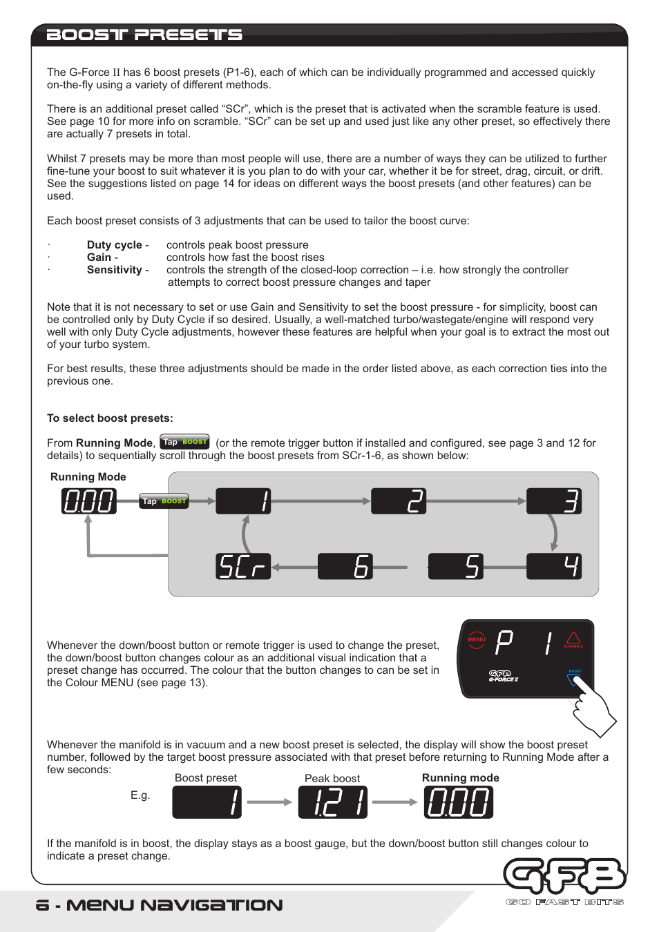 Menu navigation, Boost presets | GFB G-Force2 User Manual | Page 6 / 16