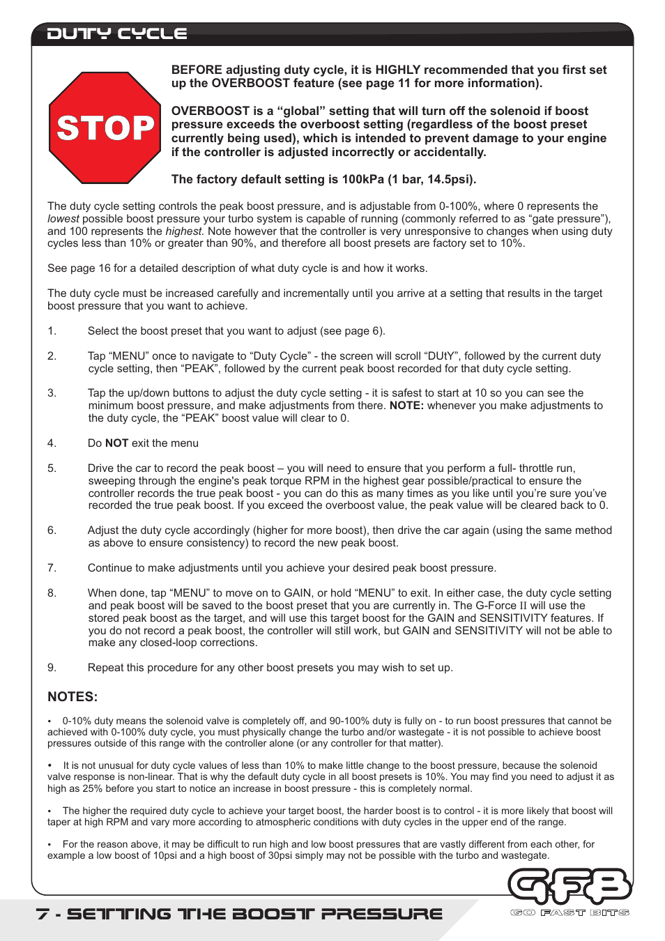 Stop, Setting the boost pressure, Duty cycle | GFB G-Force2 User Manual | Page 7 / 16