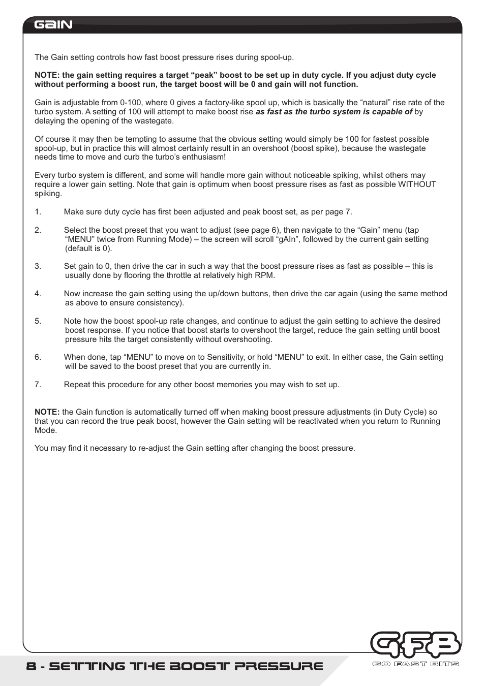Setting the boost pressure gain | GFB G-Force2 User Manual | Page 8 / 16