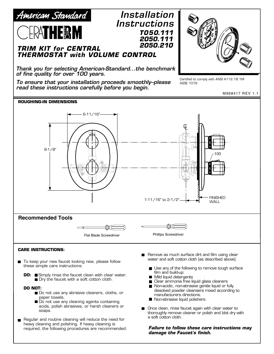 American Standard T050.111 User Manual | 3 pages
