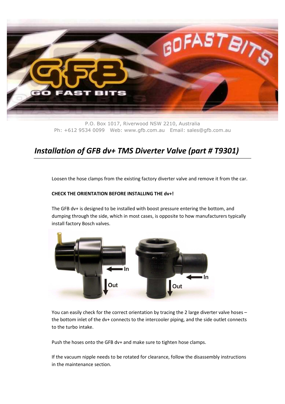 GFB DV+ TMS Diverter Valve (part T9301) User Manual | 4 pages