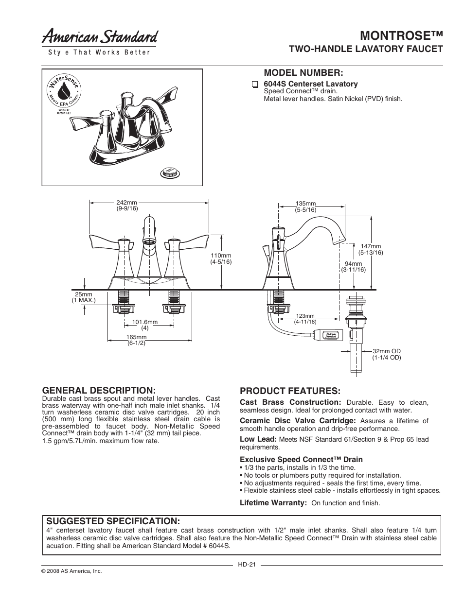 American Standard 6044S User Manual | 2 pages