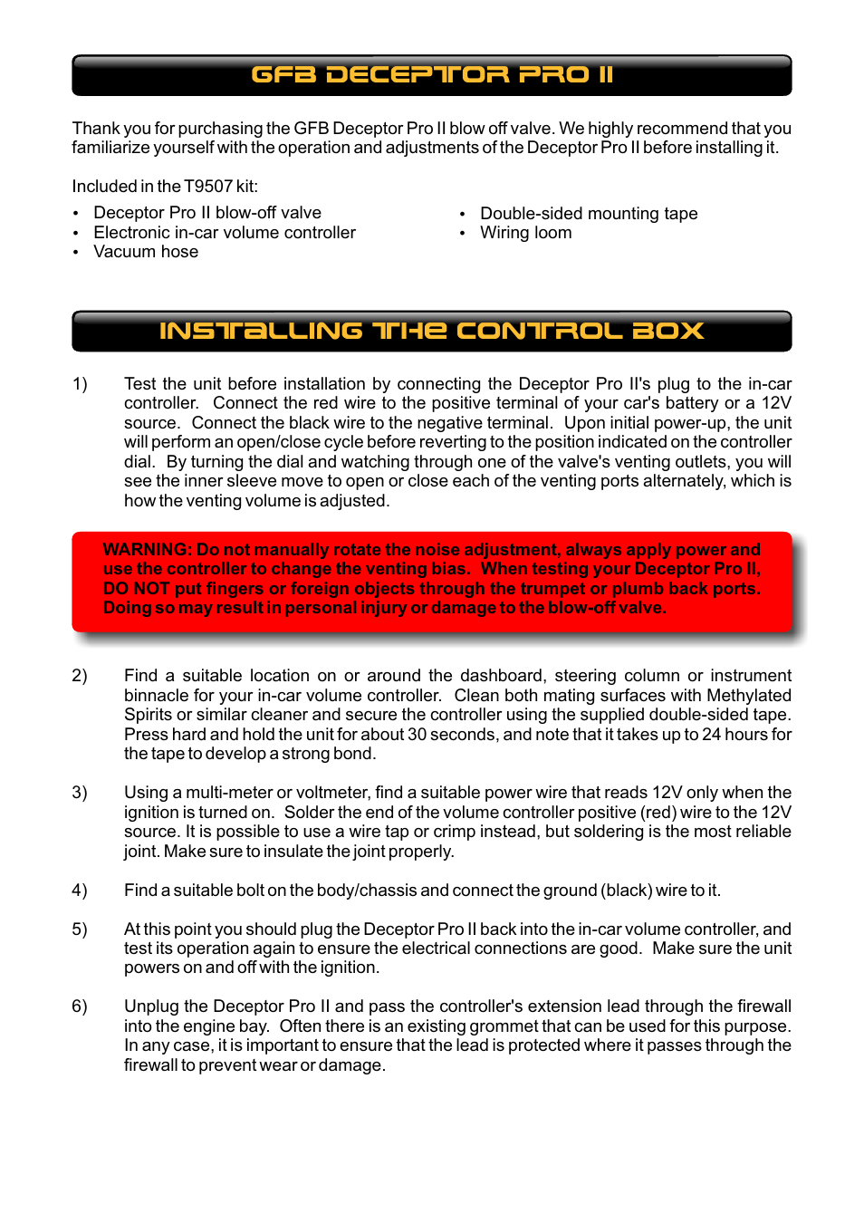 Installing the control box, Gfb deceptor pro ii | GFB Deceptor Pro II (part T9507) User Manual | Page 2 / 5