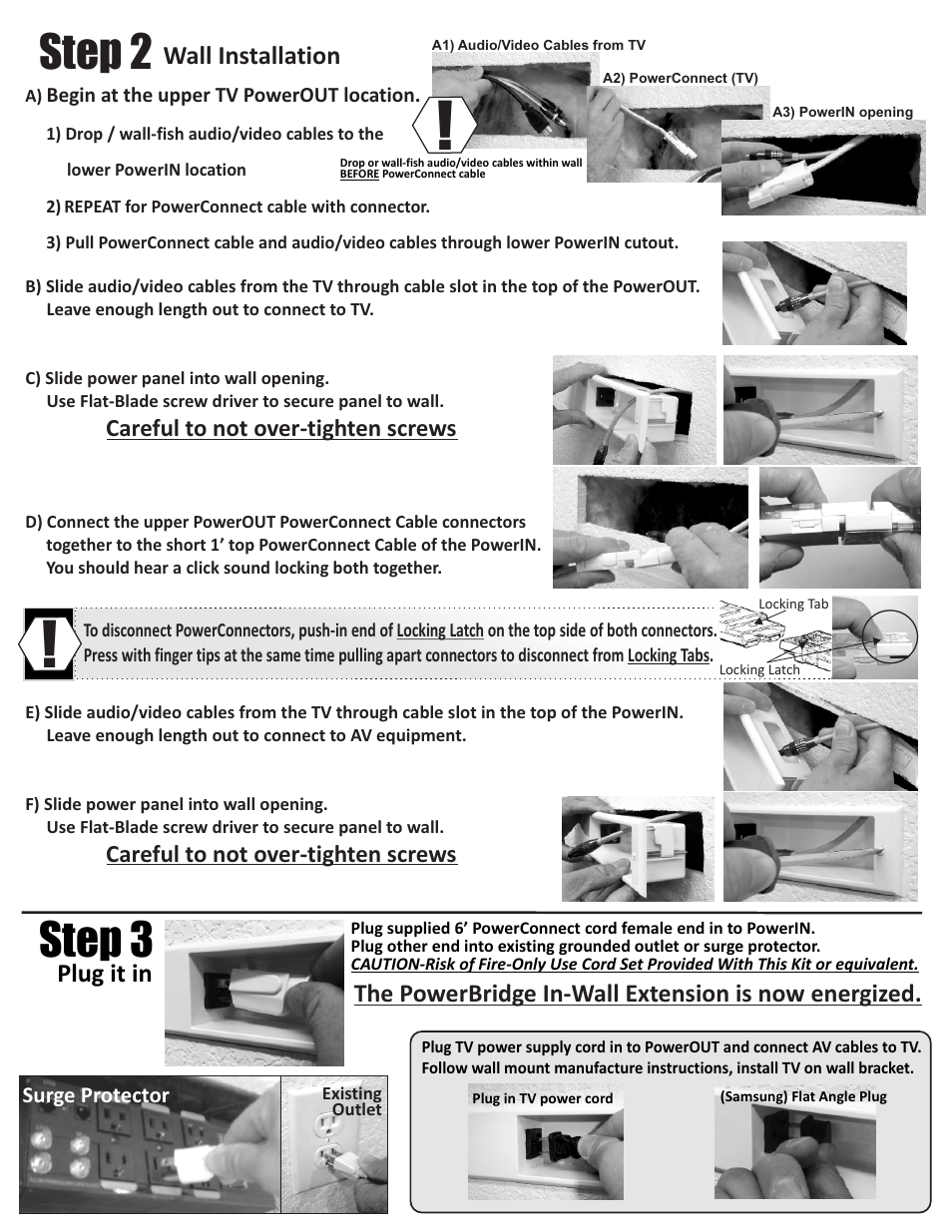 Step 2, Step 3, Wall installation | Plug it in, The powerbridge in-wall extension is now energized | PowerBridge SWCK User Manual | Page 2 / 2