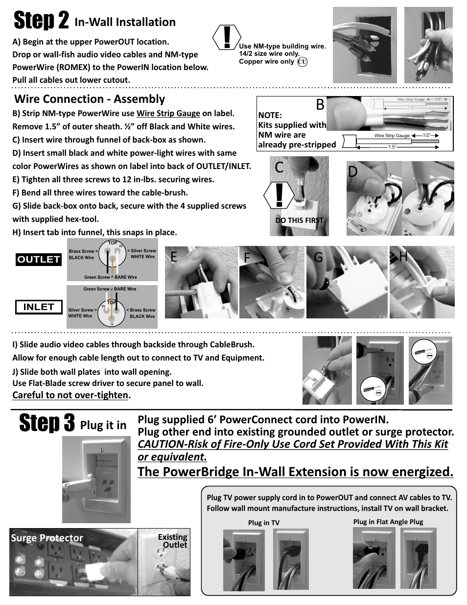One-pro back, Step 2, Step 3 | Ge h, The powerbridge in-wall extension is now energized, In-wall installation, Plug it in, Wire connection - assembly | PowerBridge ONE-PRO User Manual | Page 2 / 3