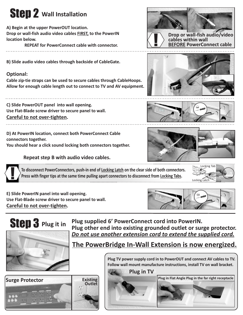 Step 2, Step 3, The powerbridge in-wall extension is now energized | PowerBridge TSCK User Manual | Page 2 / 2