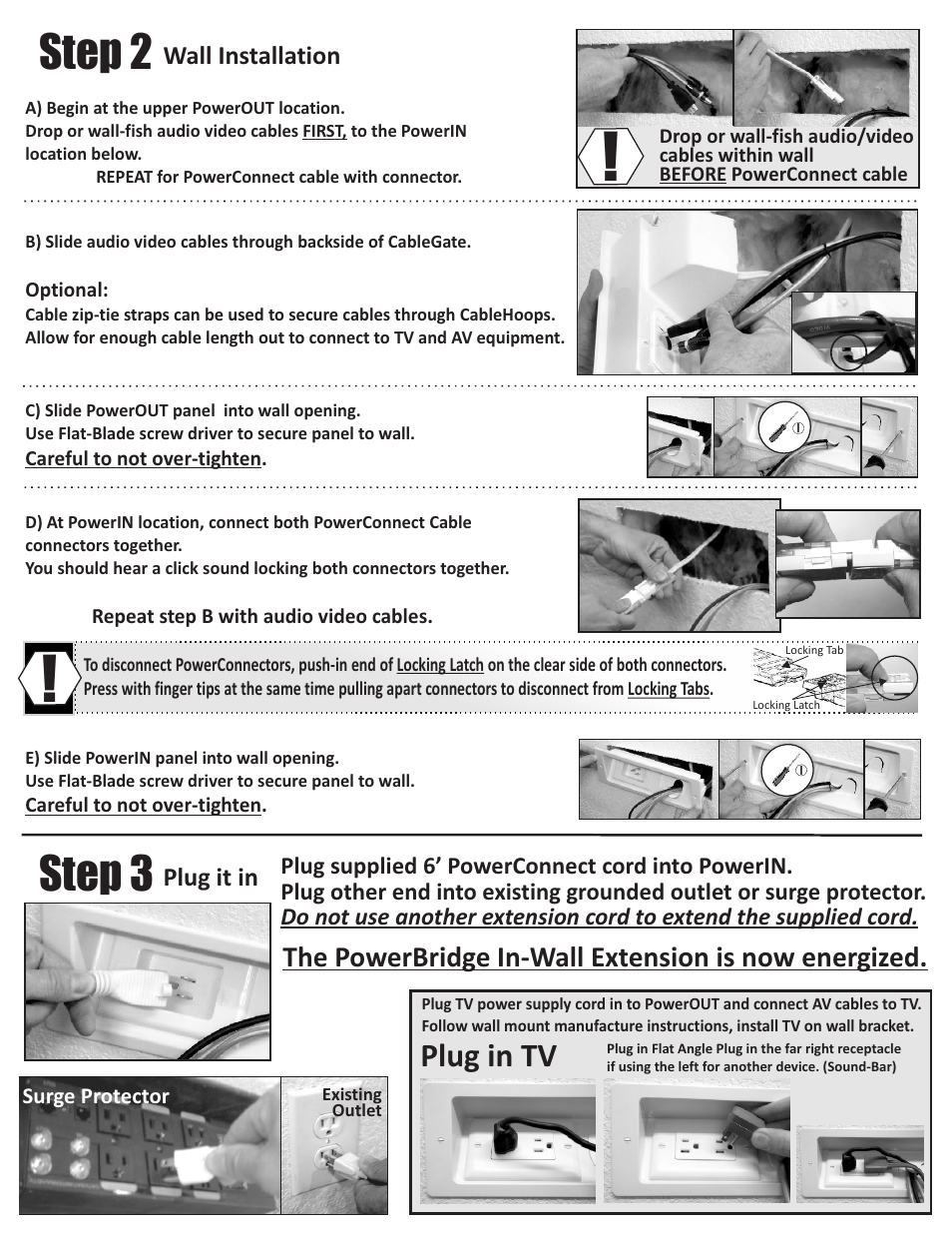Step 2, Step 3, Plug in tv | The powerbridge in-wall extension is now energized | PowerBridge TSCK2 User Manual | Page 2 / 2