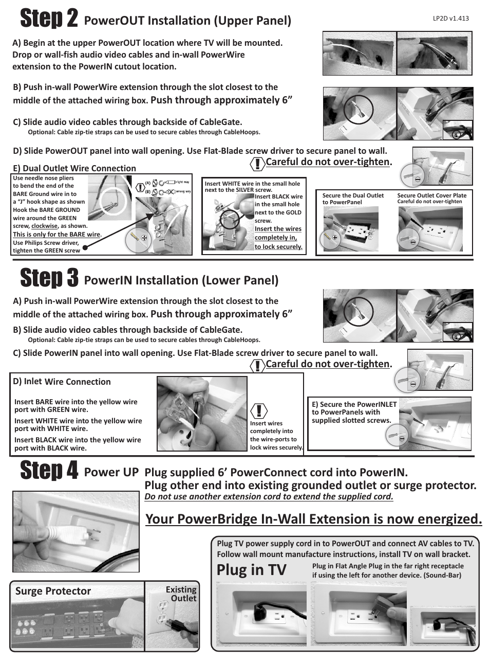 Lp2d_back, Lp2d_front, Step 2 | Step 4, Step 3, Plug in tv, Powerout installation (upper panel), Power up, Powerin installation (lower panel) | PowerBridge LP2D User Manual | Page 2 / 2