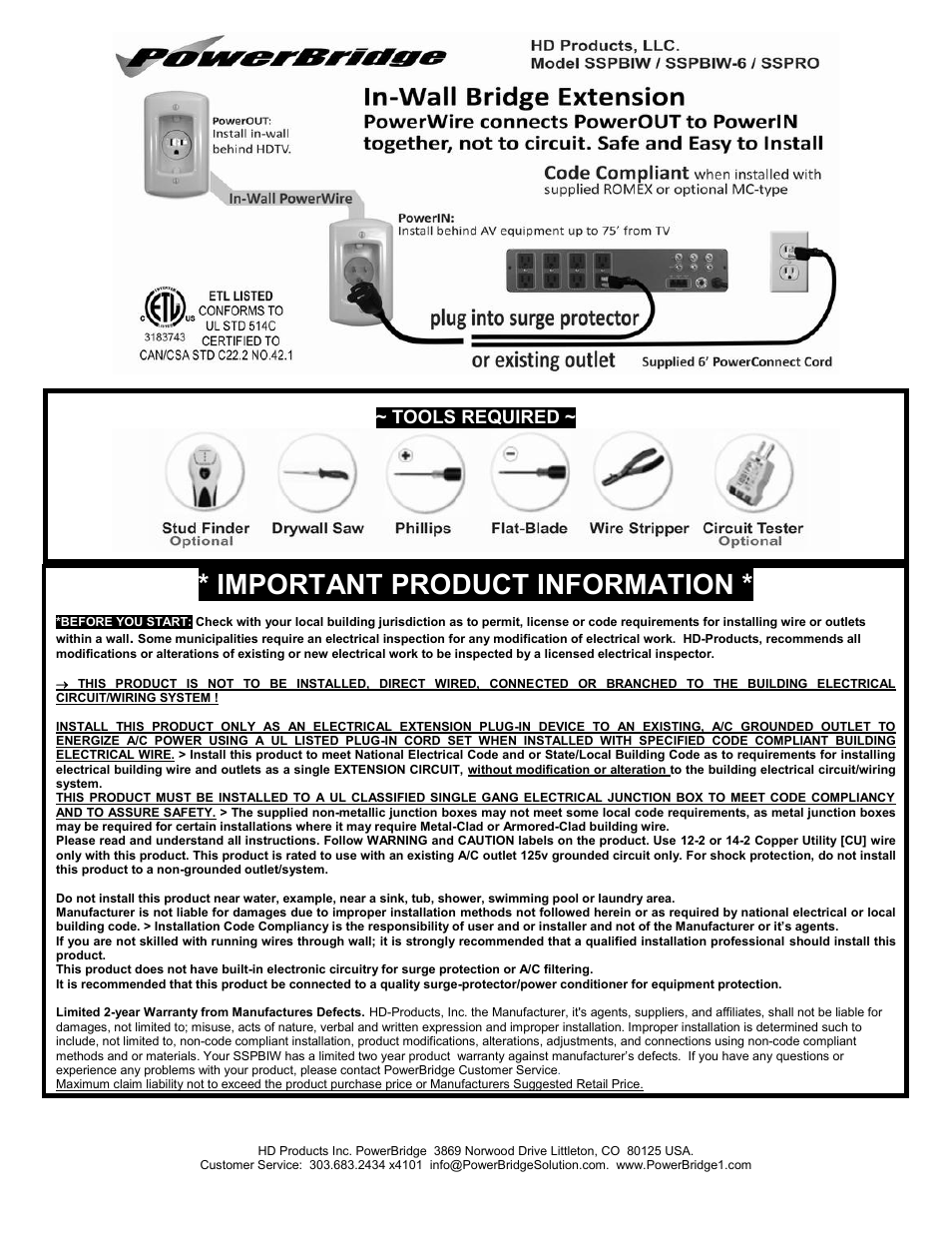 PowerBridge SSPBIW User Manual | 2 pages