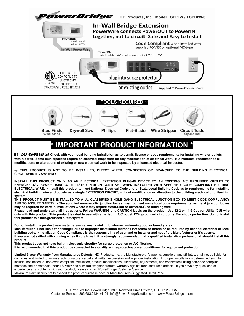 PowerBridge TSPBIW (All TS Series) User Manual | 2 pages