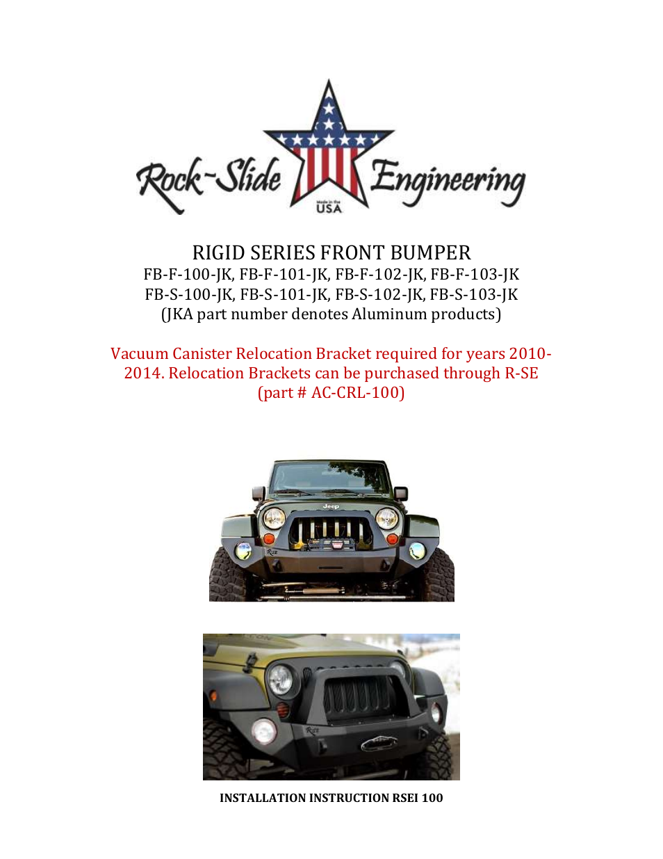 Rock-Slide Engineering RIGID SERIES FRONT BUMPER User Manual | 4 pages