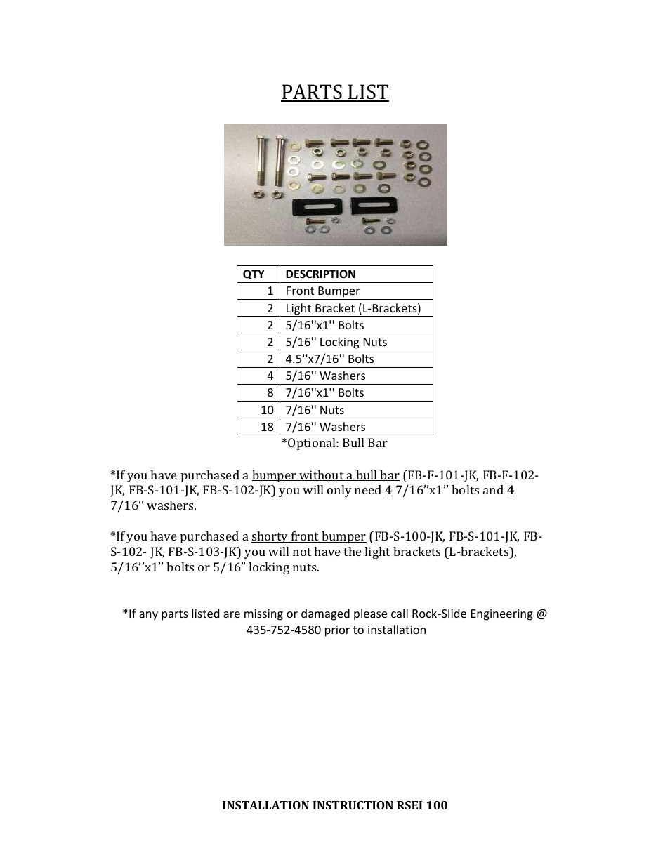 Parts list | Rock-Slide Engineering RIGID SERIES FRONT BUMPER User Manual | Page 2 / 4