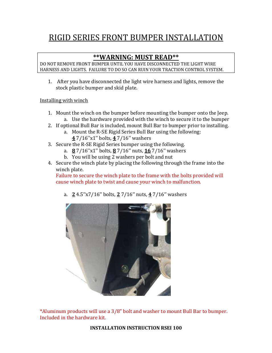 Rigid series front bumper installation, Warning: must read | Rock-Slide Engineering RIGID SERIES FRONT BUMPER User Manual | Page 3 / 4