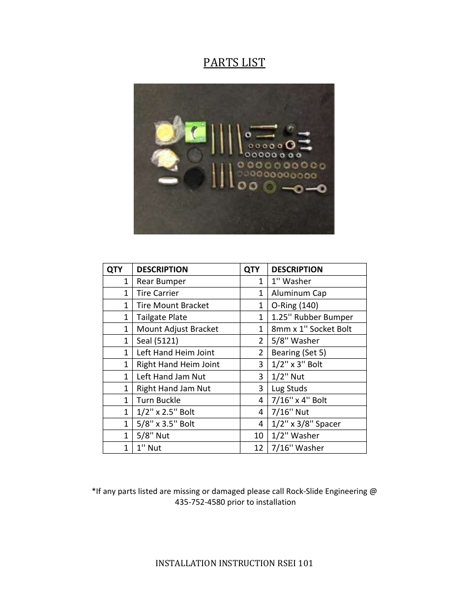 Parts list | Rock-Slide Engineering RIGID SERIES REAR BUMPER User Manual | Page 2 / 7