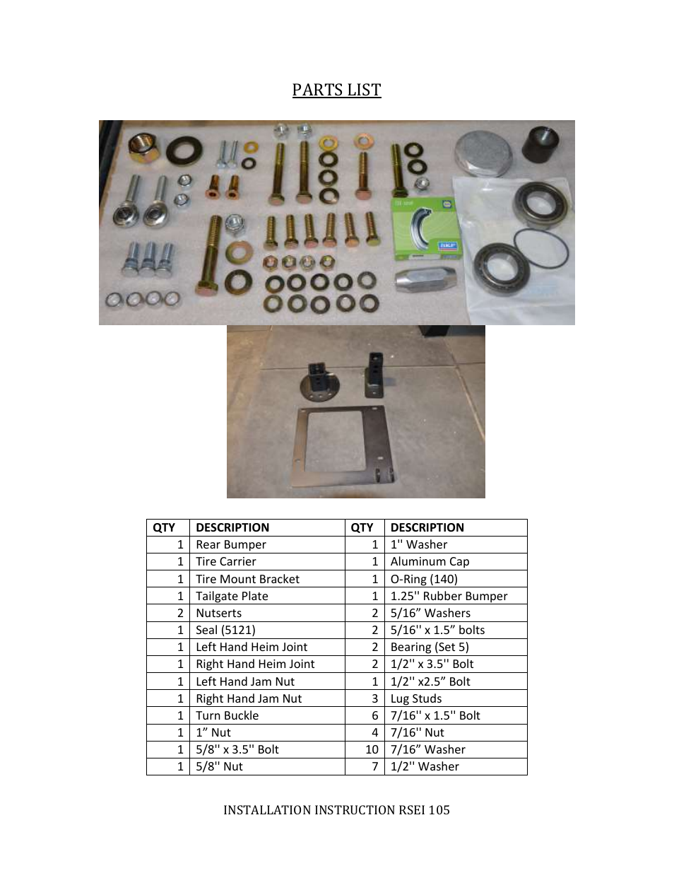 Parts list | Rock-Slide Engineering TJ REAR BUMPER User Manual | Page 2 / 8