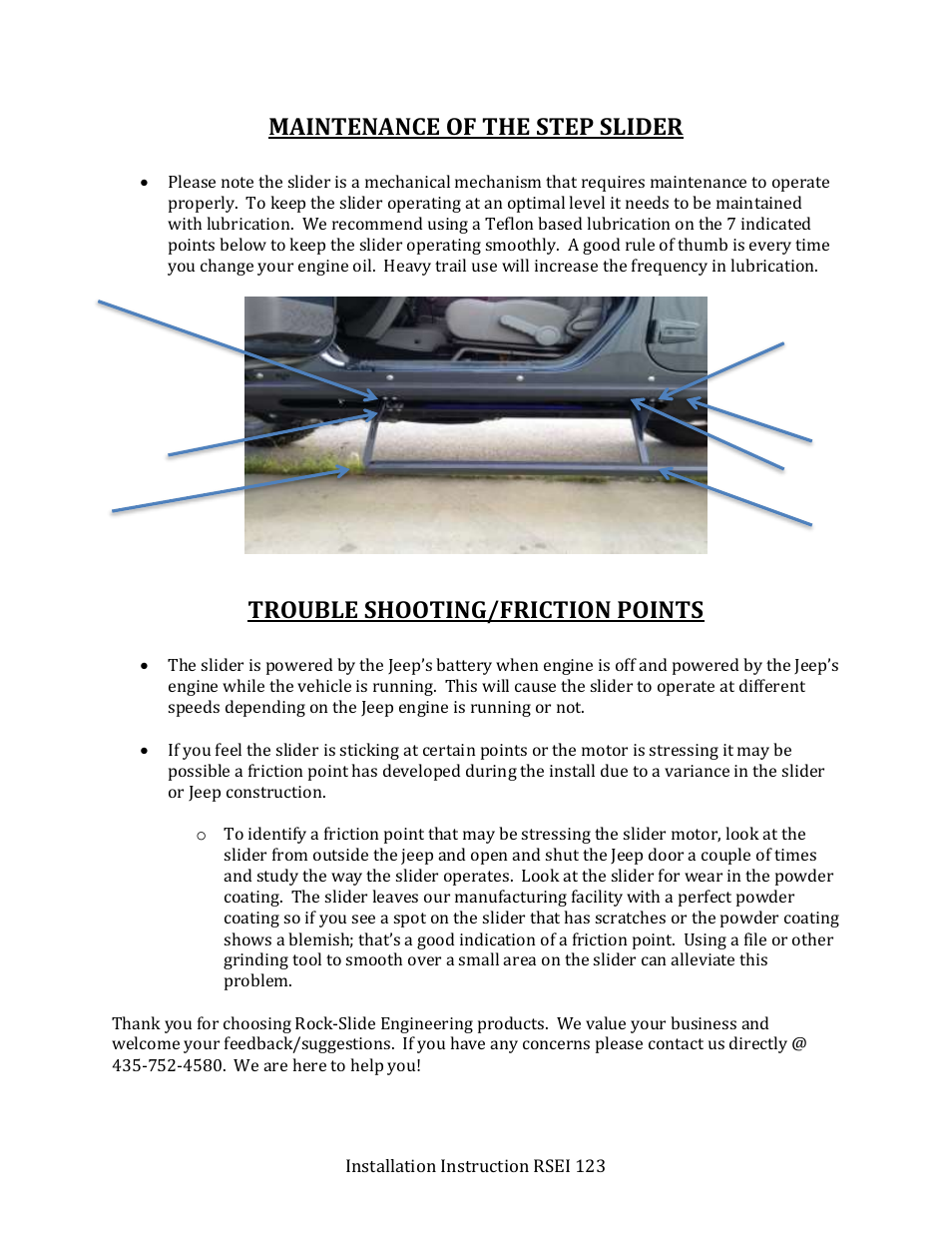 Maintenance of the step slider, Trouble shooting/friction points | Rock-Slide Engineering TJ YJ LJ STEP SLIDER User Manual | Page 8 / 8