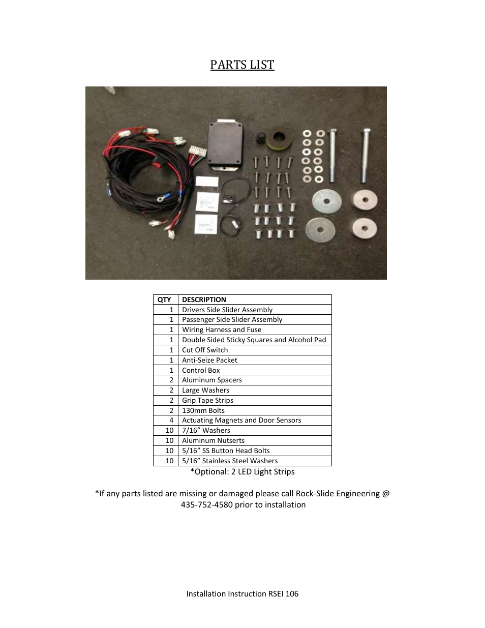 Parts list | Rock-Slide Engineering JEEP JK4 STEP SLIDER User Manual | Page 2 / 10