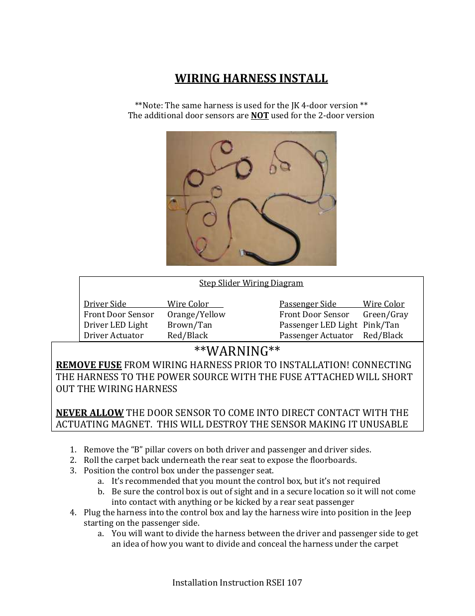 Warning, Wiring harness install | Rock-Slide Engineering JEEP JK2 STEP SLIDER User Manual | Page 5 / 9