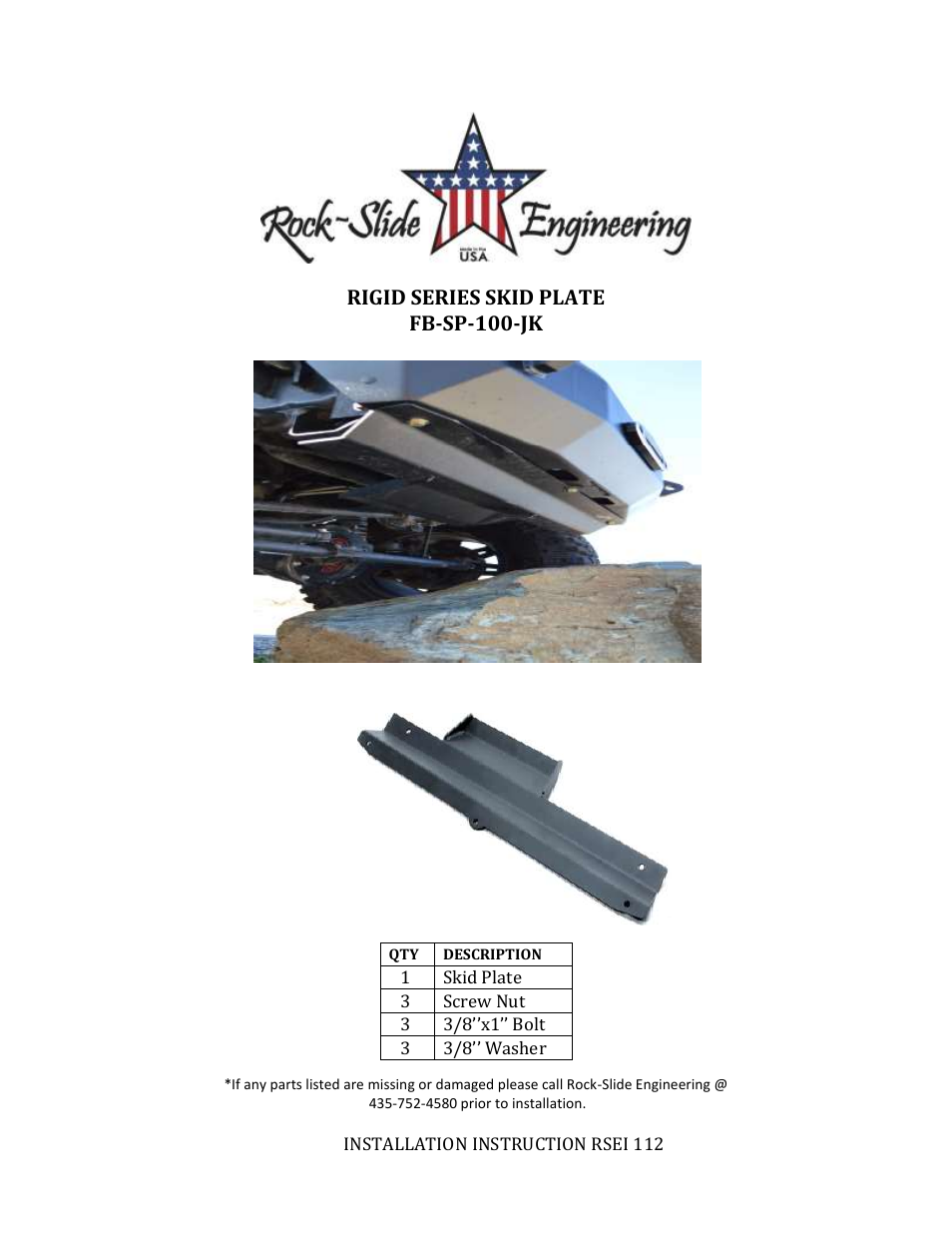 Rock-Slide Engineering RIGID SERIES SKID PLATE User Manual | 2 pages