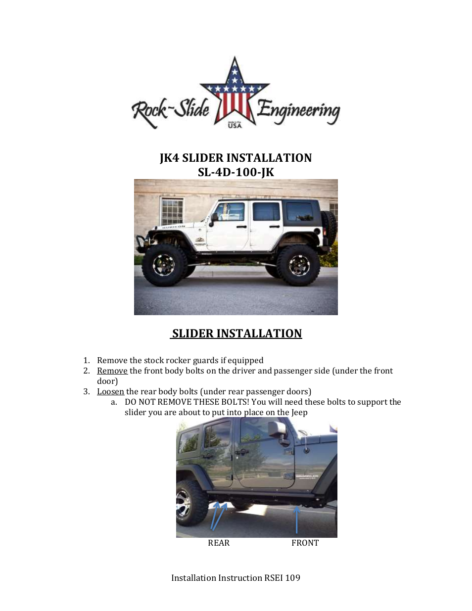 Rock-Slide Engineering JK4 SLIDER User Manual | 4 pages