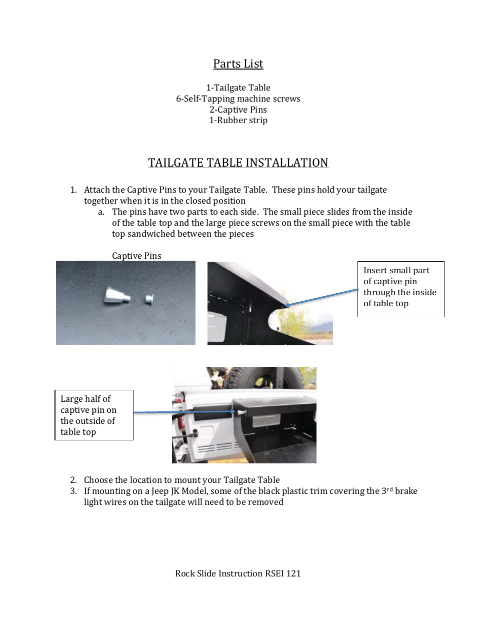 Parts list, Tailgate table installation | Rock-Slide Engineering TAILGATE TABLE User Manual | Page 2 / 5