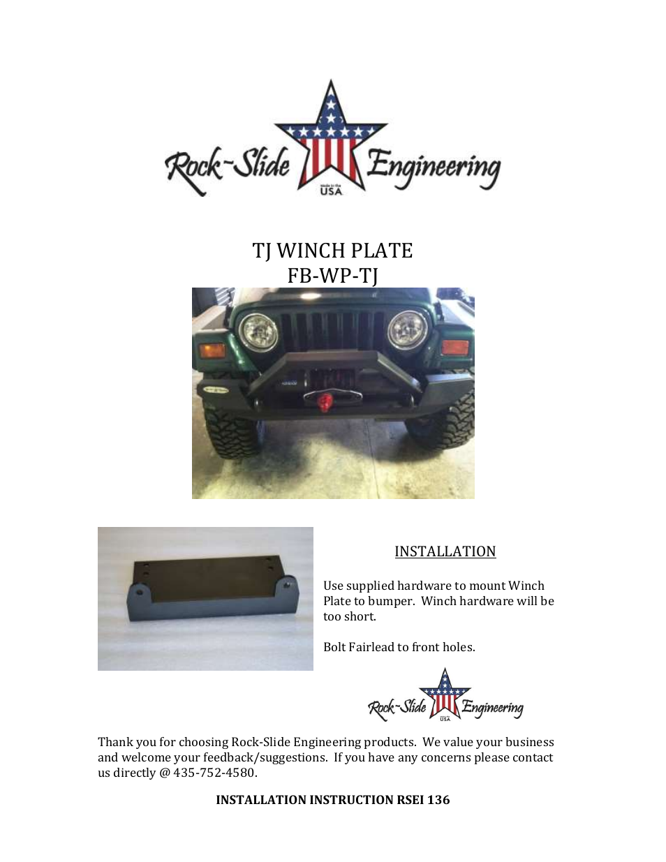 Rock-Slide Engineering TJ WINCH PLATE User Manual | 2 pages