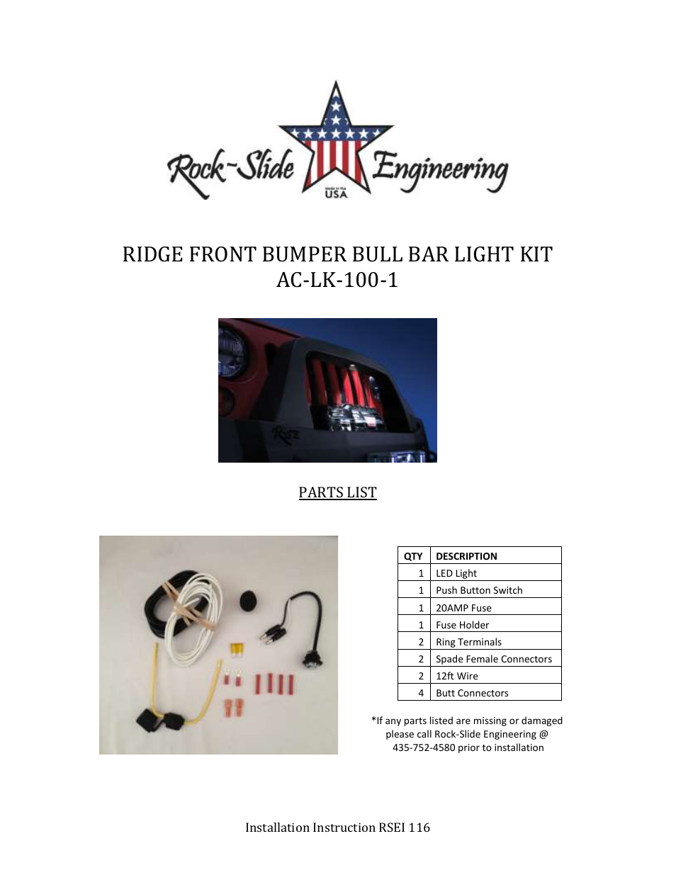 Rock-Slide Engineering RIDGE FRONT BUMPER BULL BAR LIGHT KIT User Manual | 3 pages