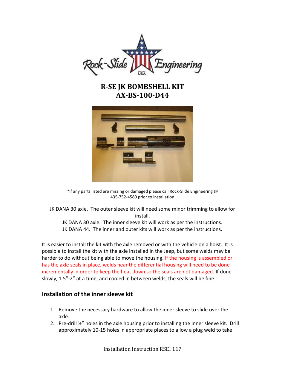 Rock-Slide Engineering R-SE JK BOMBSHELL KIT User Manual | 2 pages