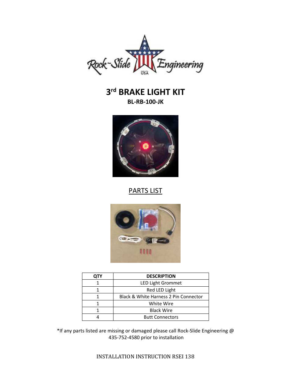 Rock-Slide Engineering 3rd BRAKE LIGHT KIT User Manual | 3 pages
