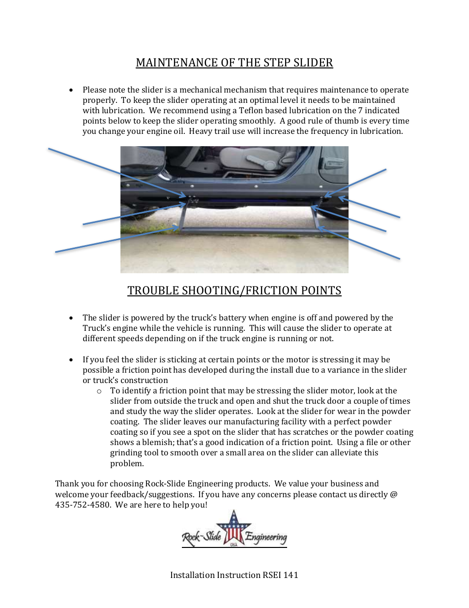 Maintenance of the step slider, Trouble shooting/friction points | Rock-Slide Engineering Ford Super Duty Step Slider User Manual | Page 14 / 14