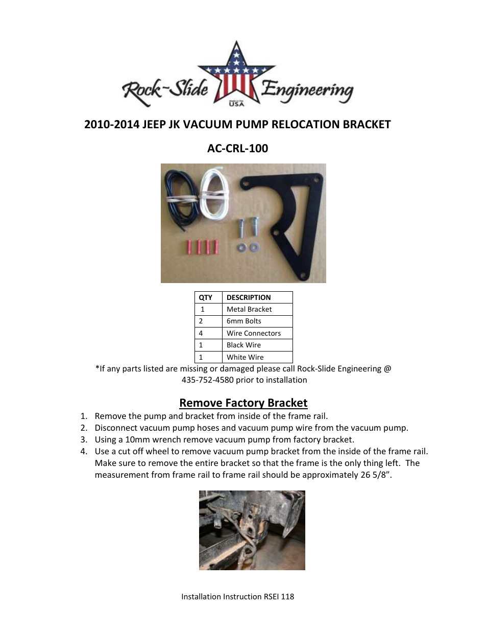 Rock-Slide Engineering JK – VACUUM PUMP RELOCATION User Manual | 3 pages