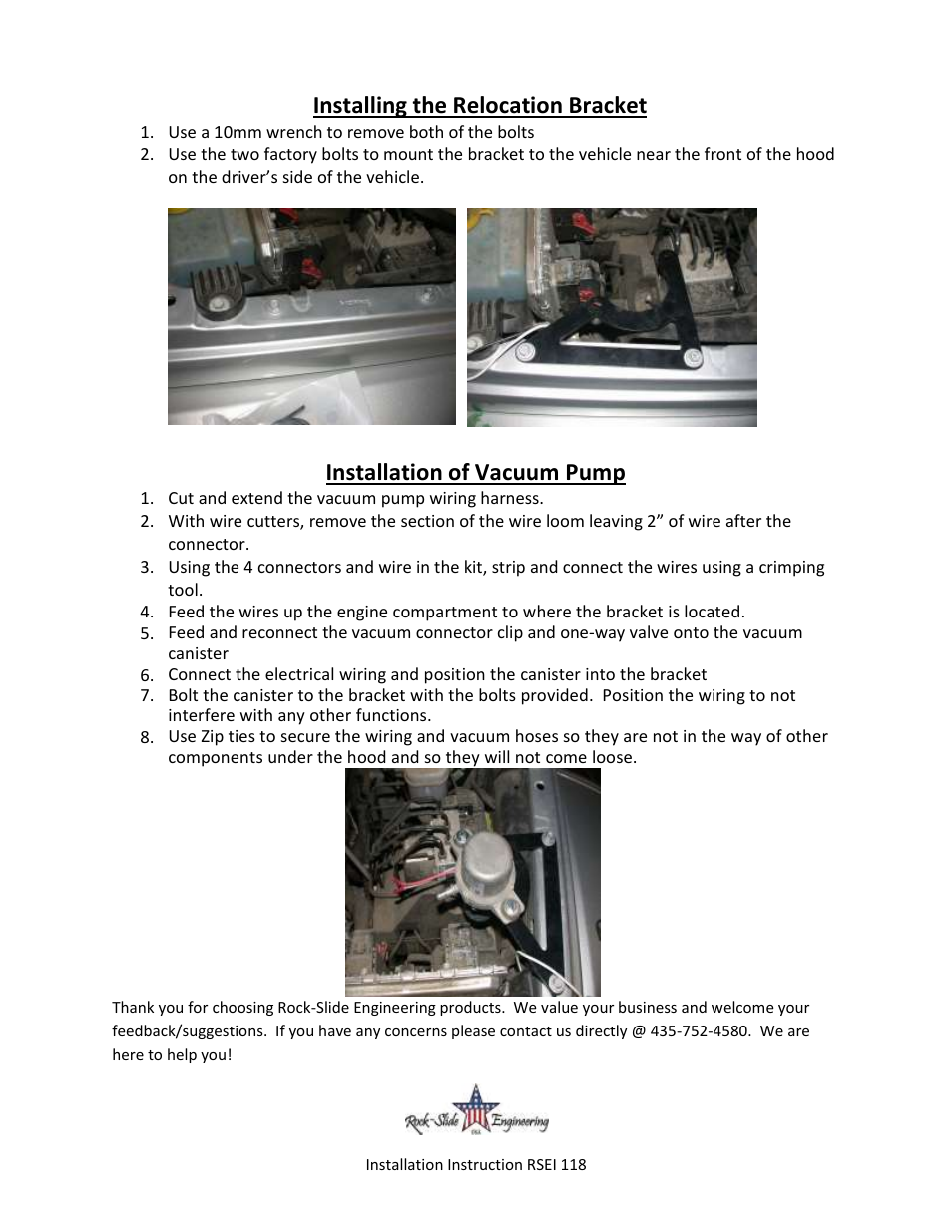 Installing the relocation bracket, Installation of vacuum pump | Rock-Slide Engineering JK – VACUUM PUMP RELOCATION User Manual | Page 2 / 3